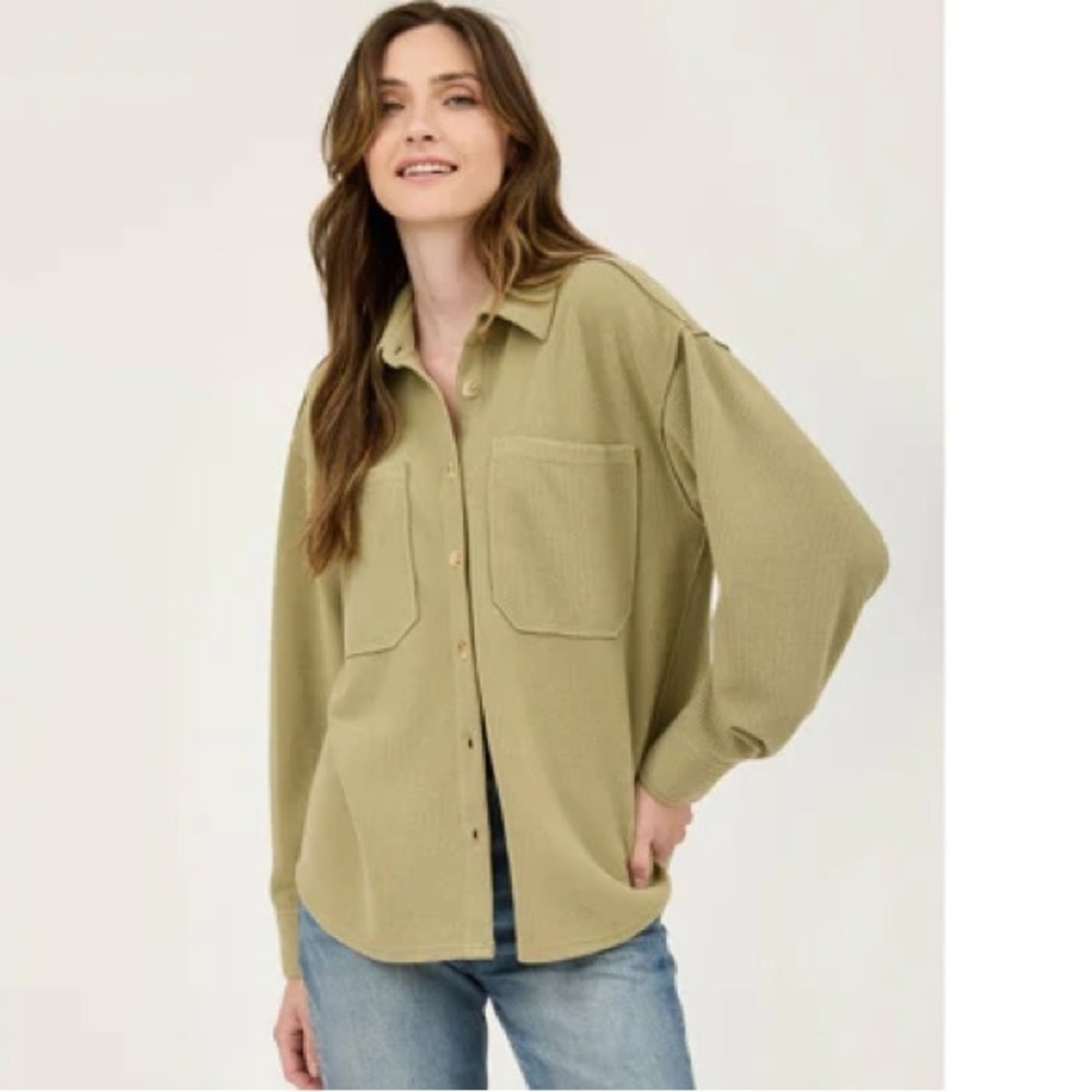 NWT Blu Pepper Women's Rib Knit Button Down Shirt Green Small